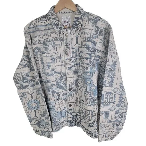 Todd Snyder King Kennedy Rugs Printed Ecru Canvas Chore Jacket XXL Blue NWT $600